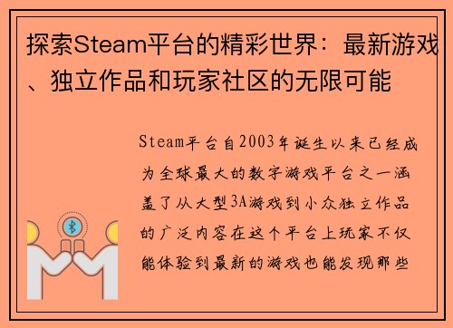 探索Steam平台的精彩世界：最新游戏、独立作品和玩家社区的无限可能